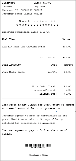 Work Order Receipt, Customer Copy Sample Work Order Receipt, Customer Copy Sample