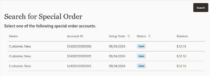 Special Order Search List Special Order Search List