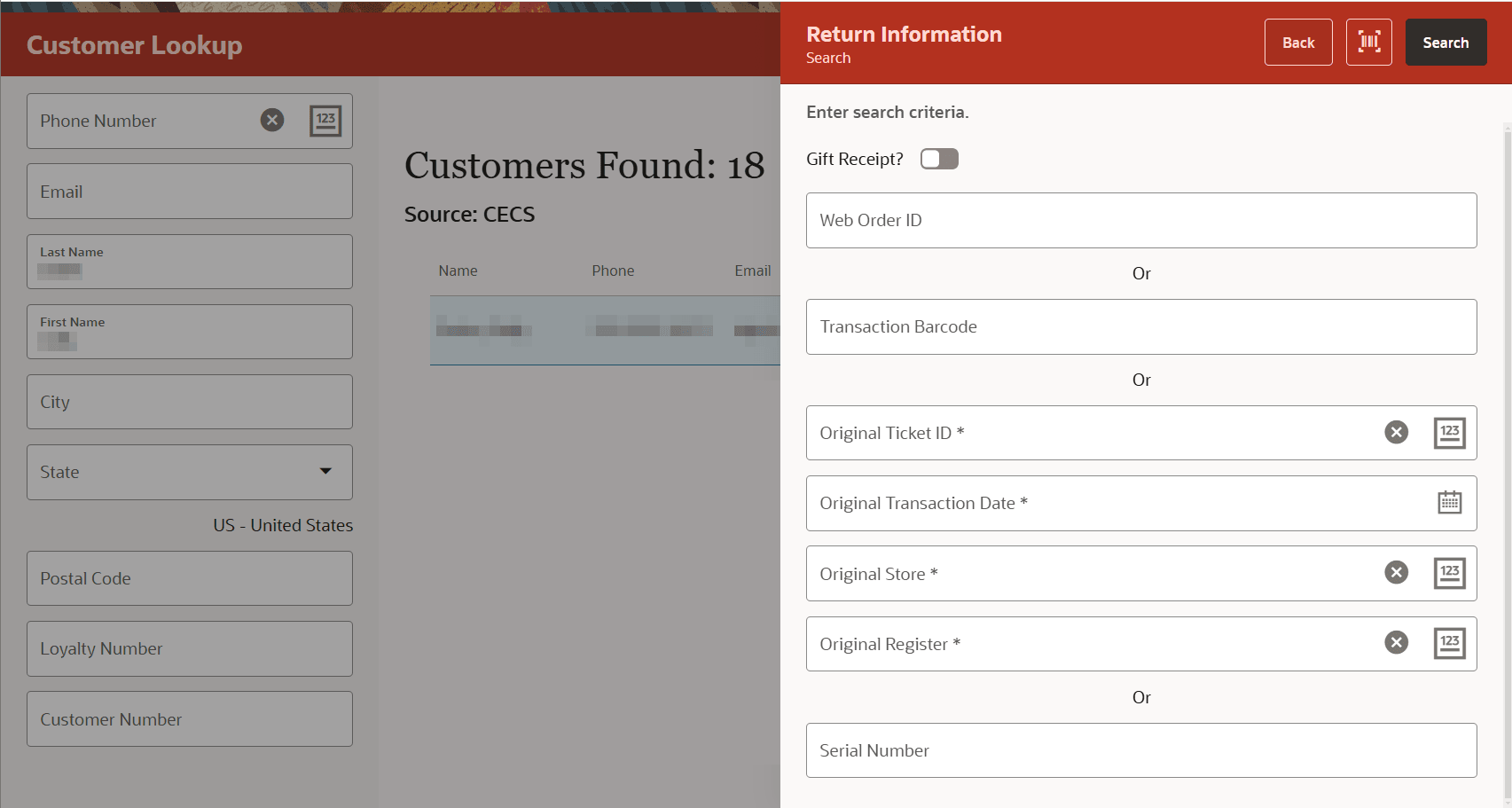 Original Transaction Return Information Original Transaction Return Information