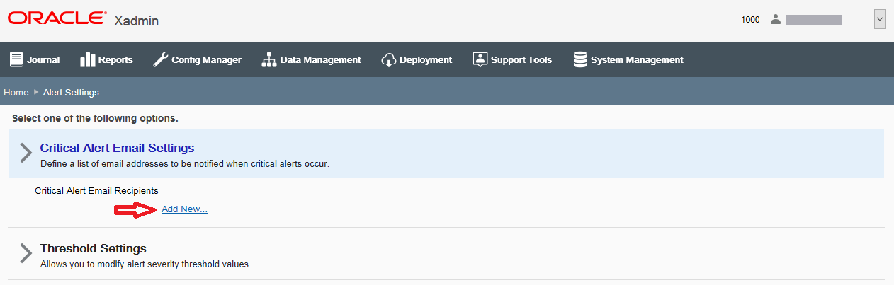 Critical Alert Email Settings Add New option marked Critical Alert Email Settings Add New option marked