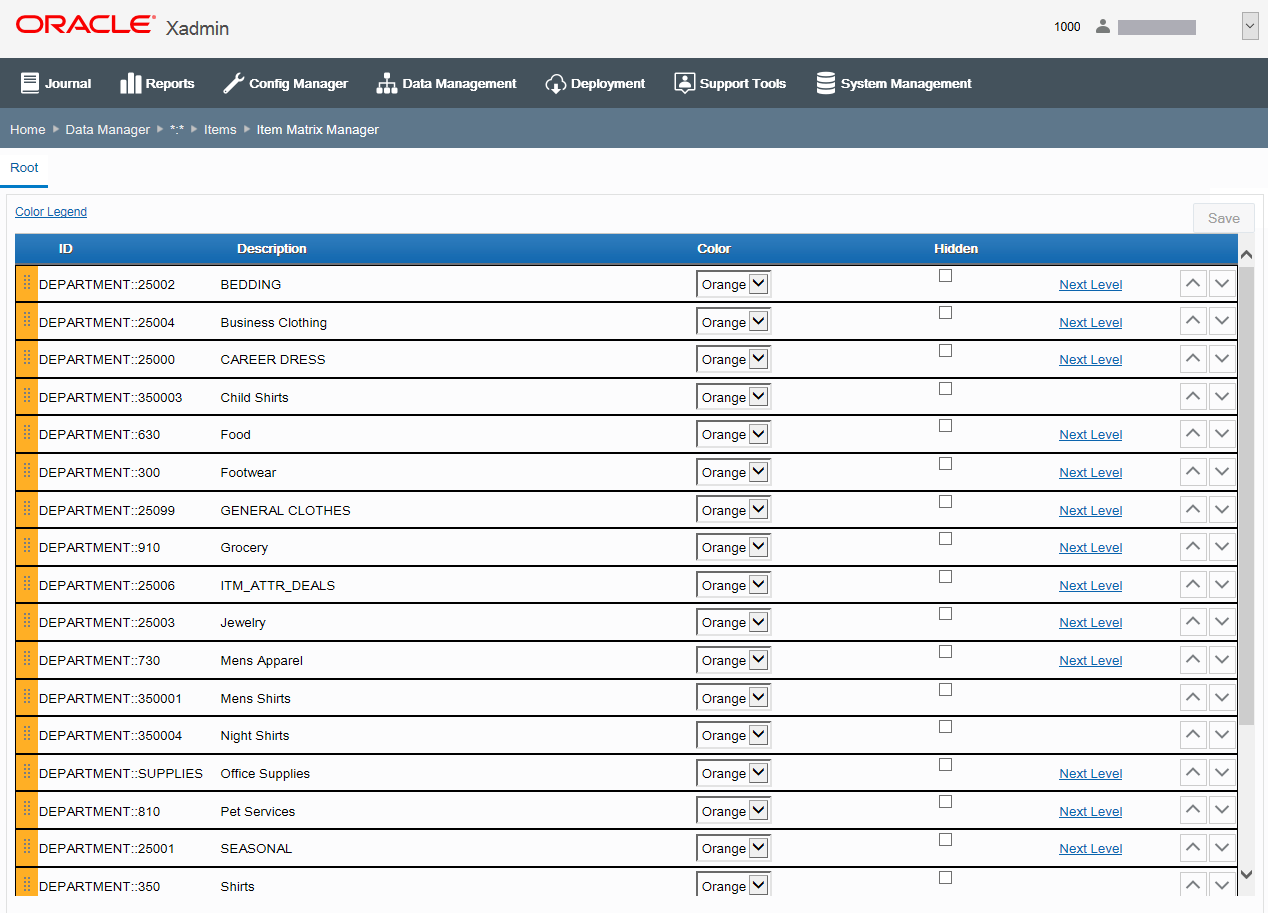 Item Matrix Manager page Item Matrix Manager page