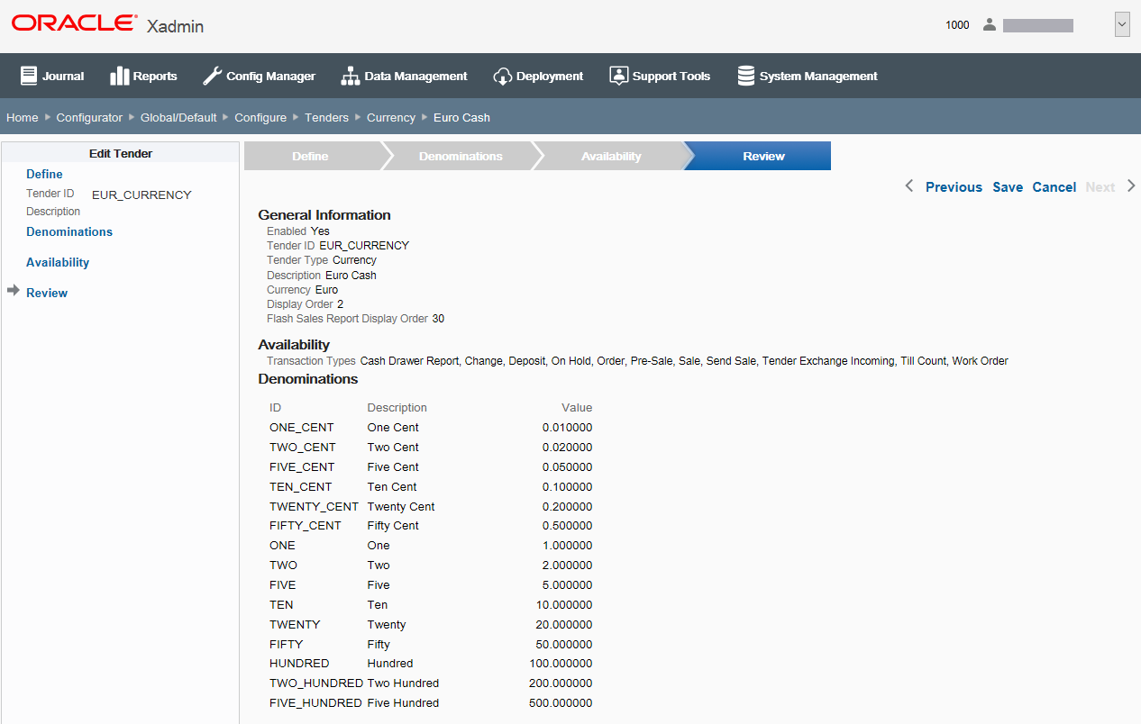 Tender Review tab