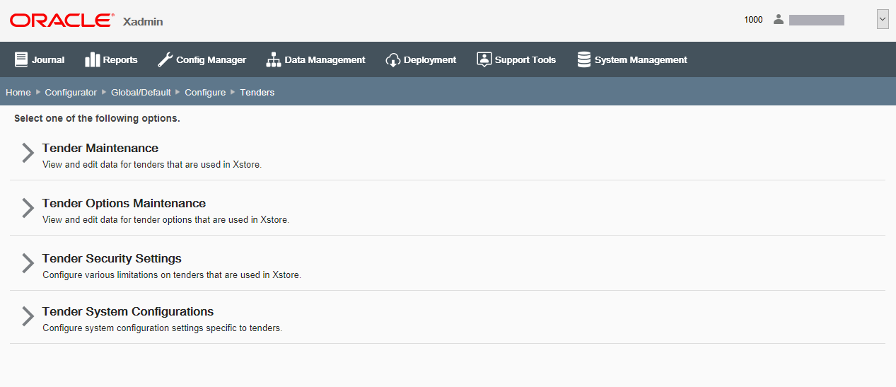 Tender Configuration page