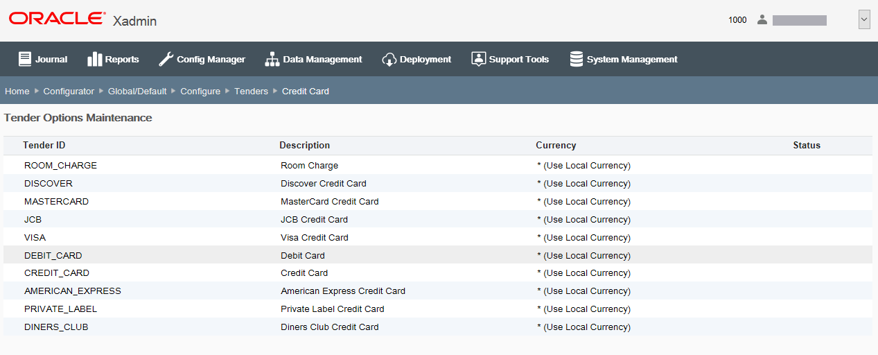 Tender Options Maintenance page