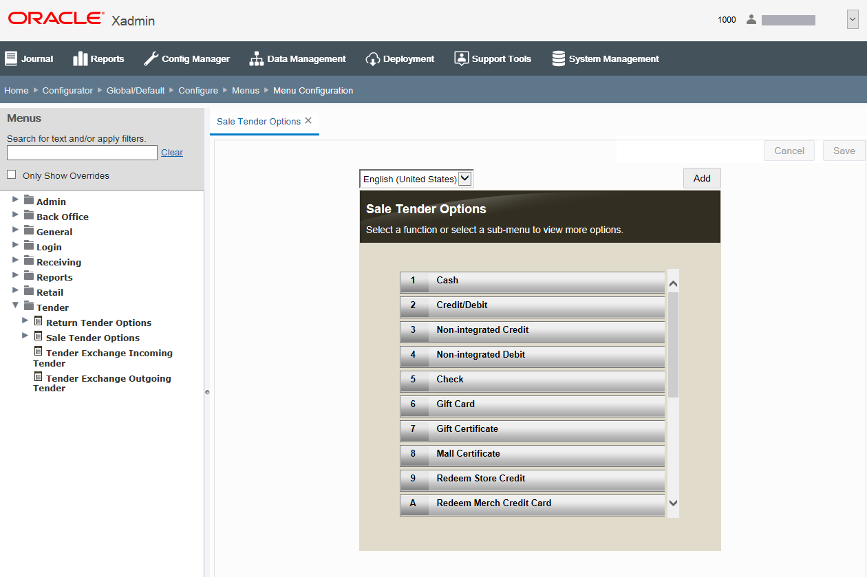 Menu Configuration page category selected