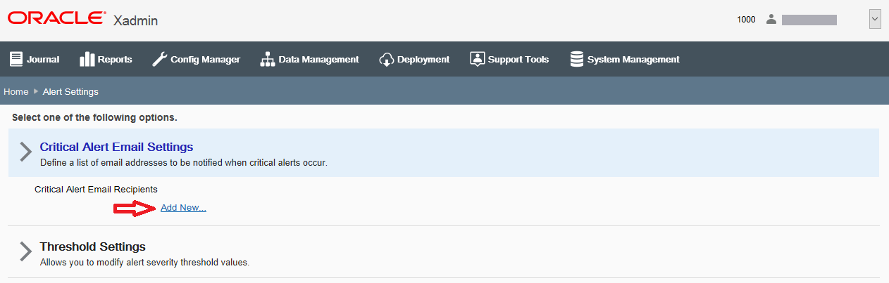 Critical Alert Email Settings Add New option marked