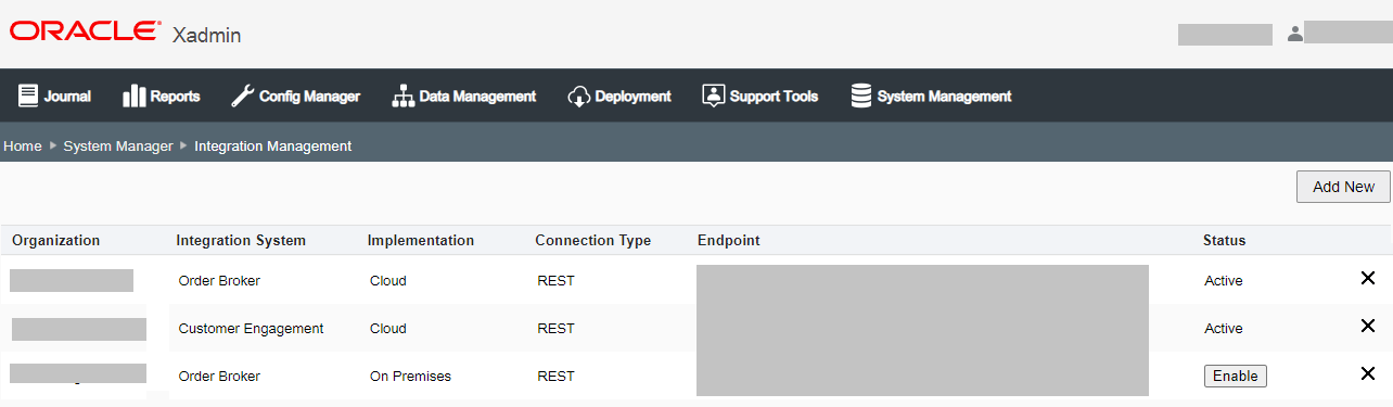 Integration Management Page