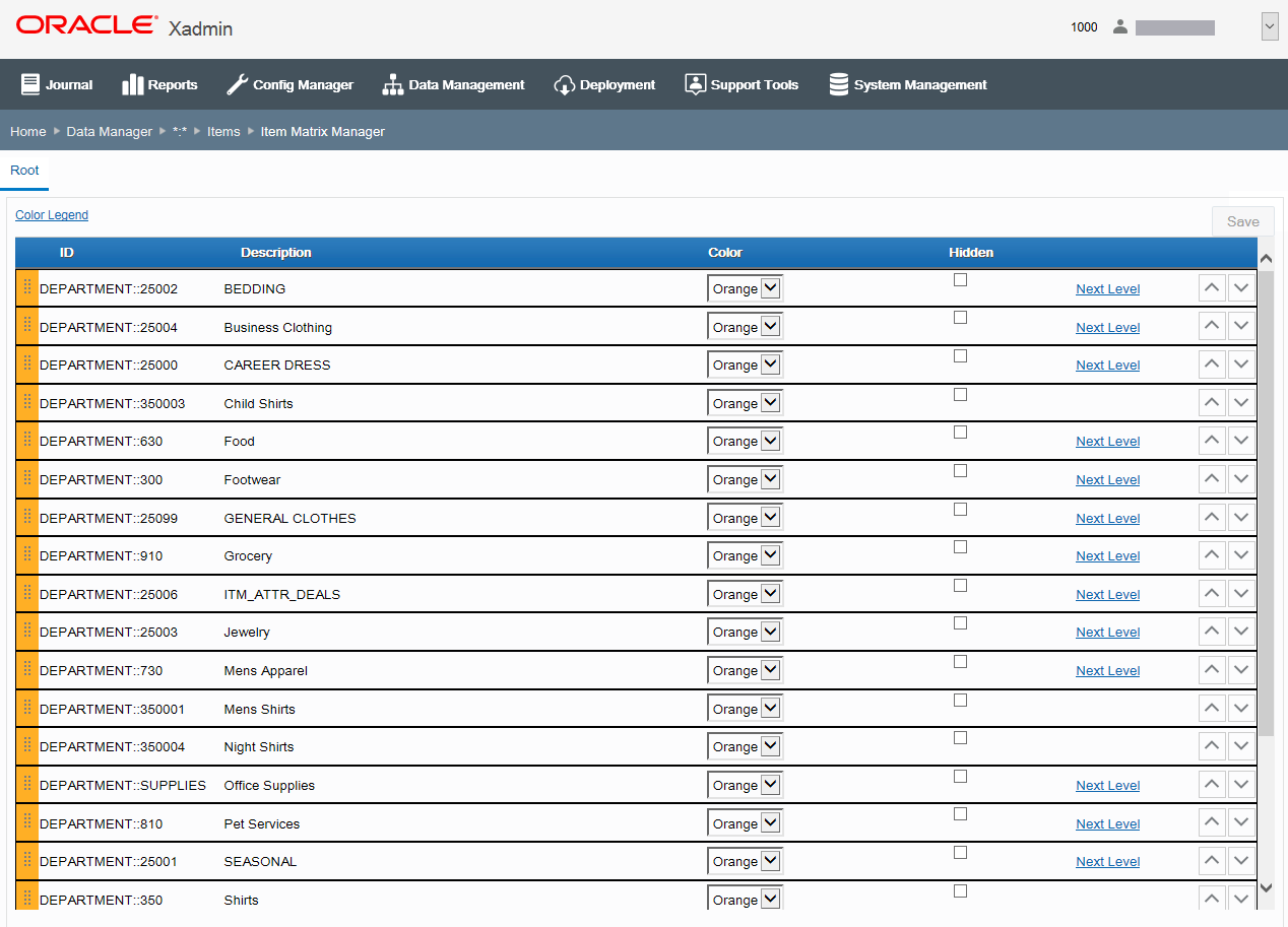 Item Matrix Manager page