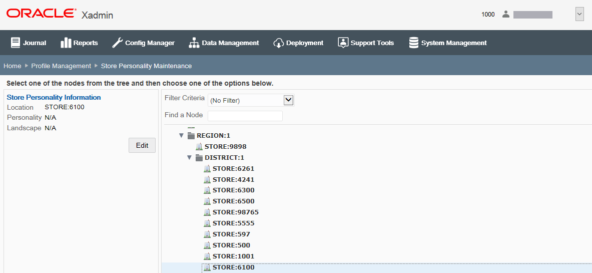 Store Personality Maintenance - Store Node Selected