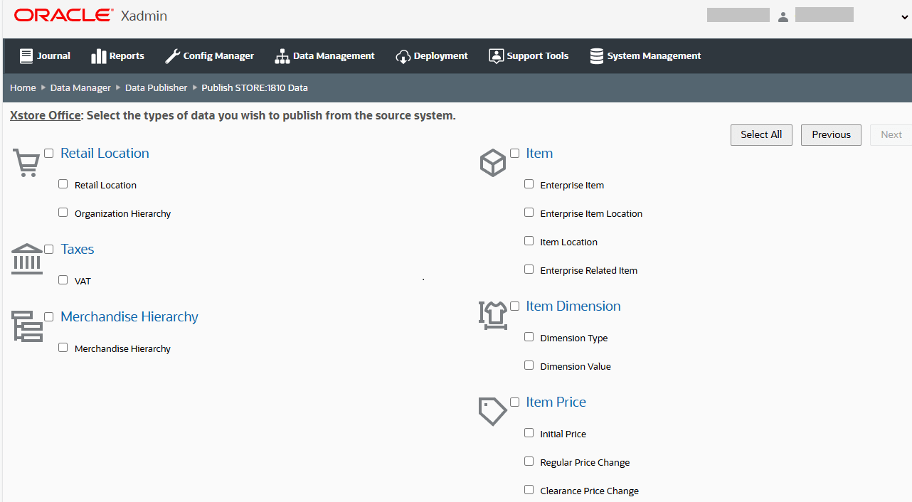 Publish Data page with Target DB Tier Xstore Office