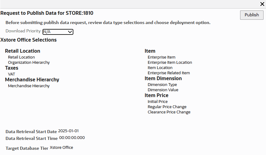 Request to Publish Data Window with the Target Database Tier Xstore Office