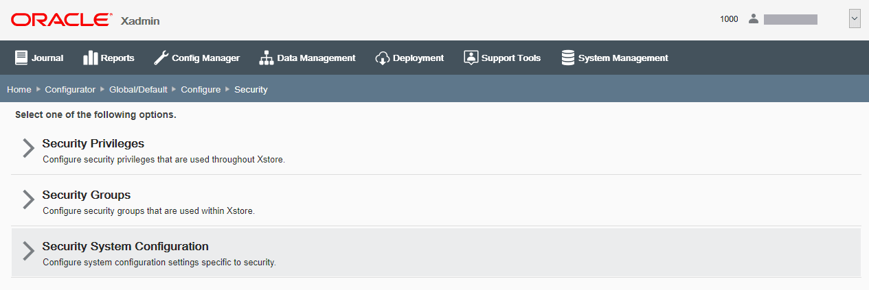 Security Configuration page Security Configuration page