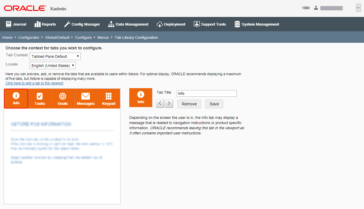 Tab Library Configuration page Tab Library Configuration page