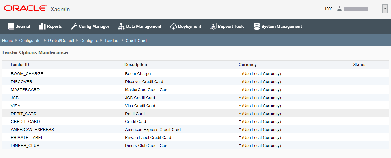 Tender Options Maintenance page Tender Options Maintenance page