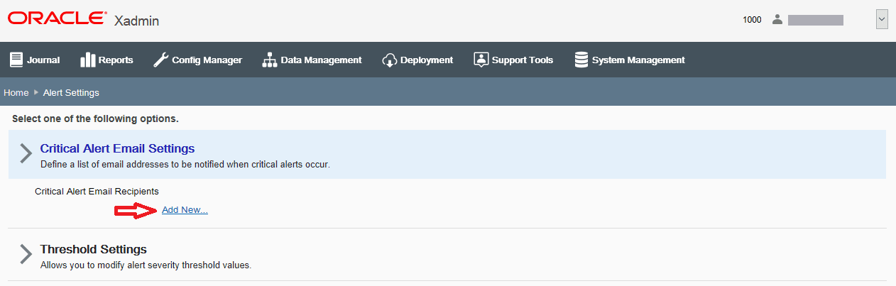 Critical Alert Email Settings Add New option marked Critical Alert Email Settings Add New option marked