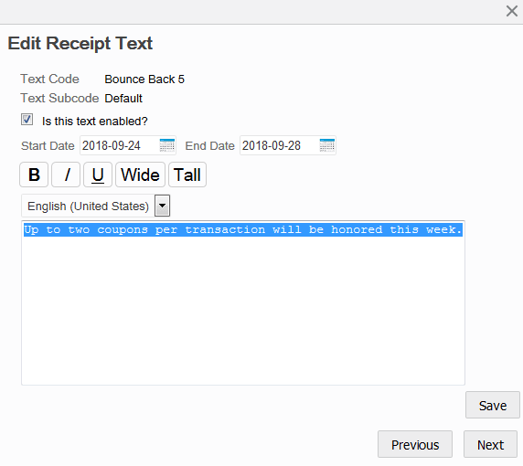 Edit Receipt Text window Edit Receipt Text window