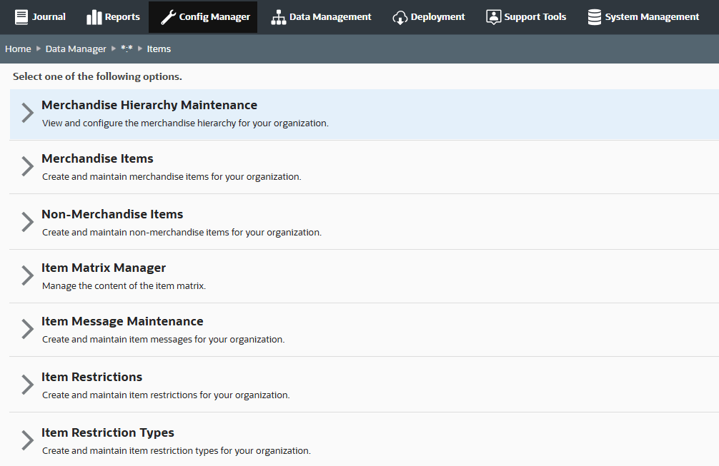 Data Manager - Items page Data Manager - Items page