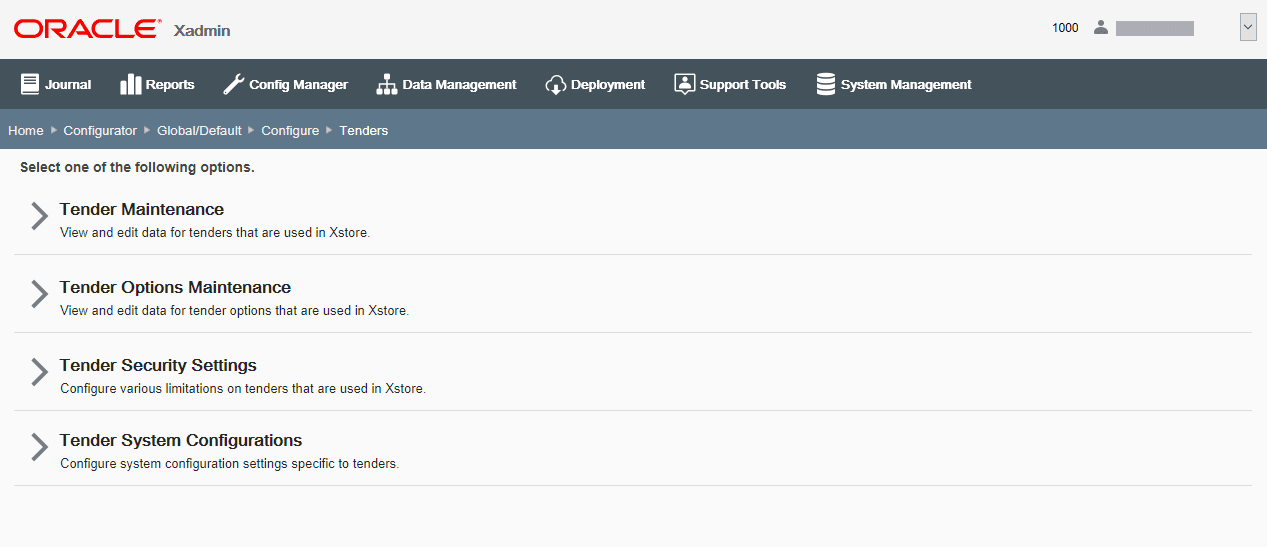 Tender Configuration page Tender Configuration page