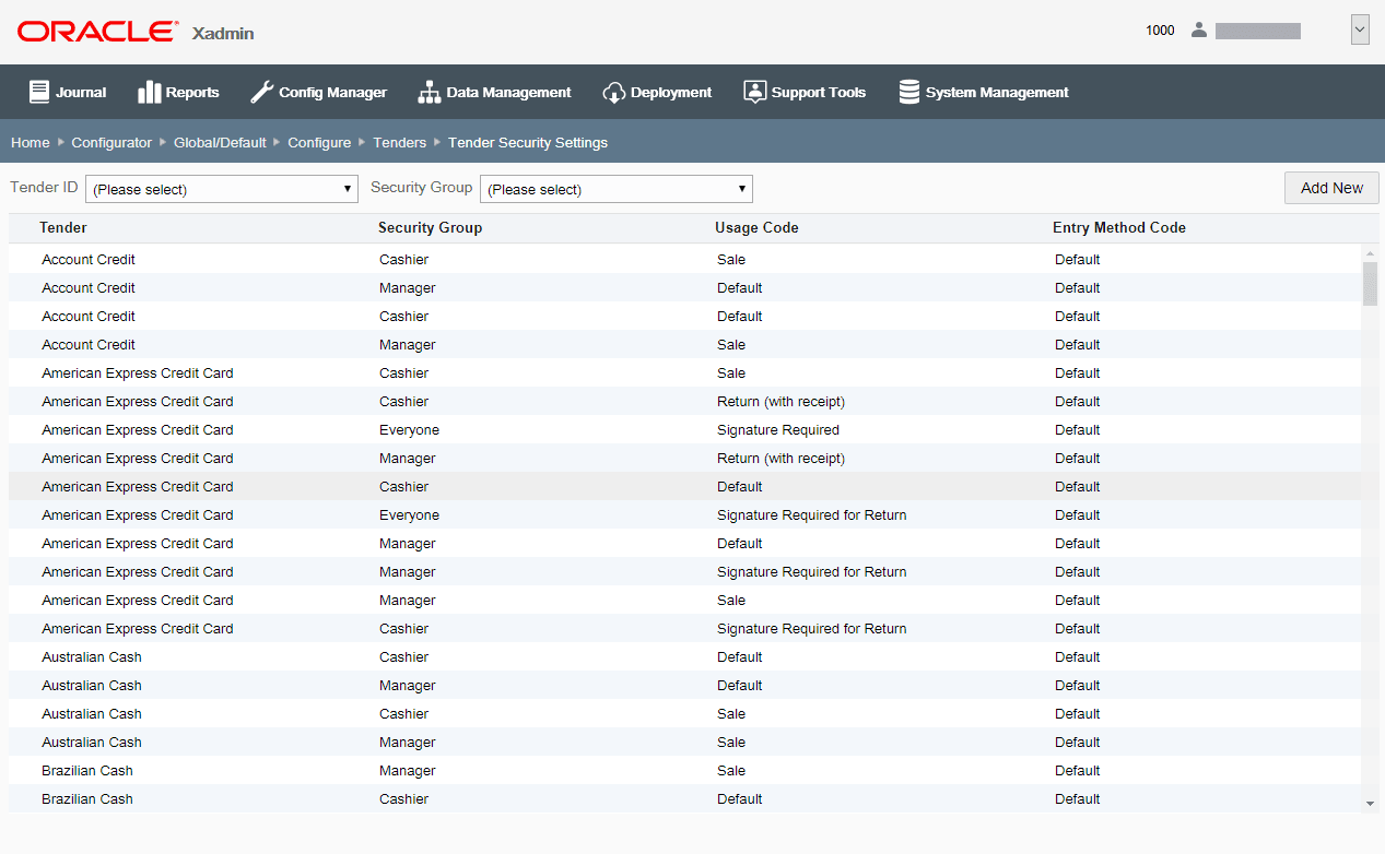 Tender Security Settings page Tender Security Settings page