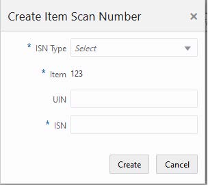 Create Item Scan Number screen Create Item Scan Number screen