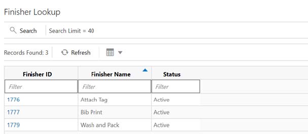 Finisher Lookup Screen Finisher Lookup Screen
