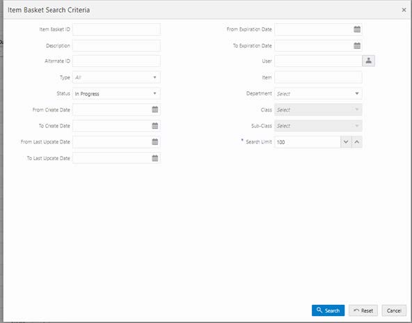 Item Basket Search Criteria screen Item Basket Search Criteria screen