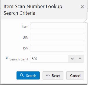 Item Scan Number Lookup Search Criteria screen Item Scan Number Lookup Search Criteria screen