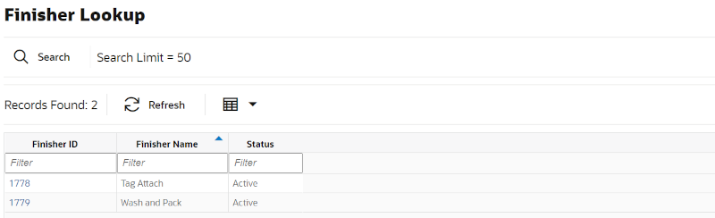 Finisher Lookup Screen