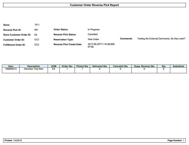 Customer Order Reverse Pick Report Customer Order Reverse Pick Report