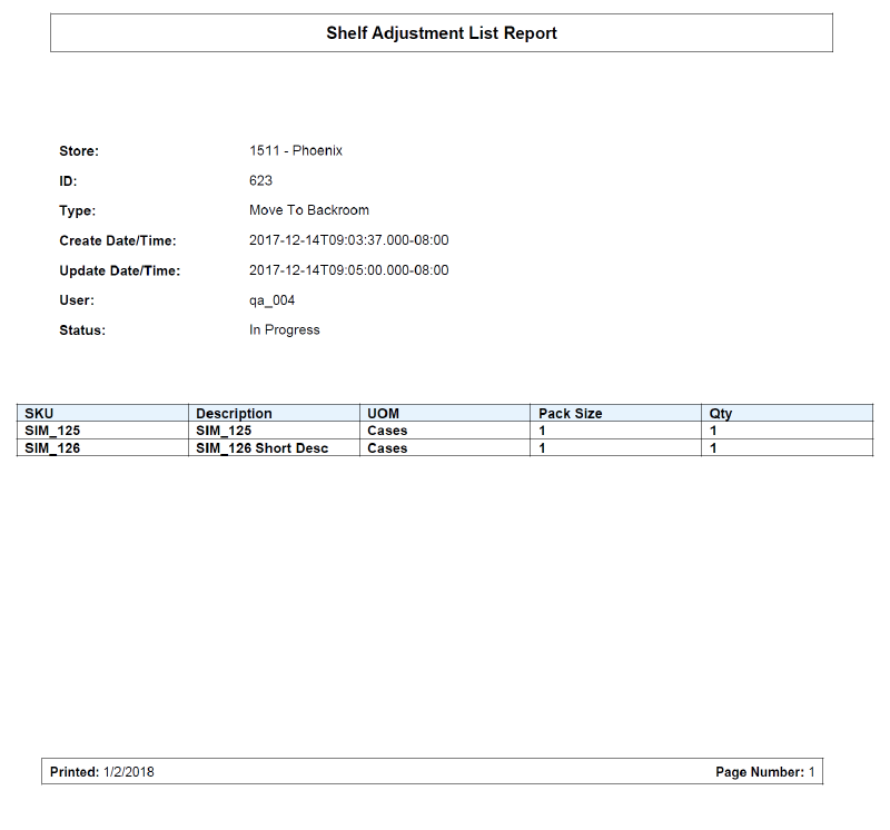Shelf Adjustment Report Shelf Adjustment Report