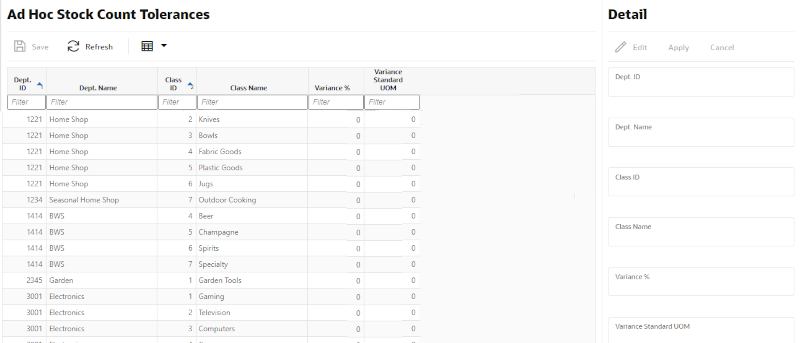 Ad Hoc Stock Count Tolerances Screen