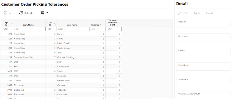 Customer Order Picking Tolerances Screen