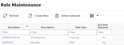 Role Maintenance Screen