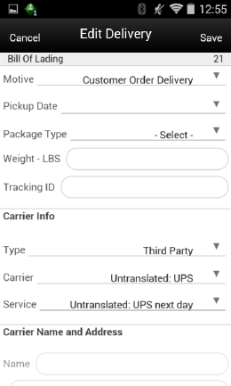 Edit Delivery Screen