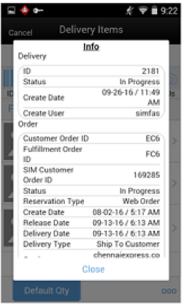 Info (Customer Order Deliveries) Popup