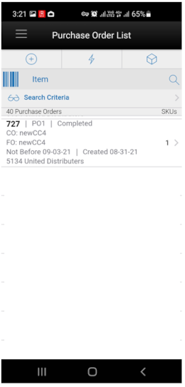 Purchase Order List Screen