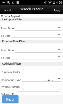 DSD Receiving List Search Criteria Screen