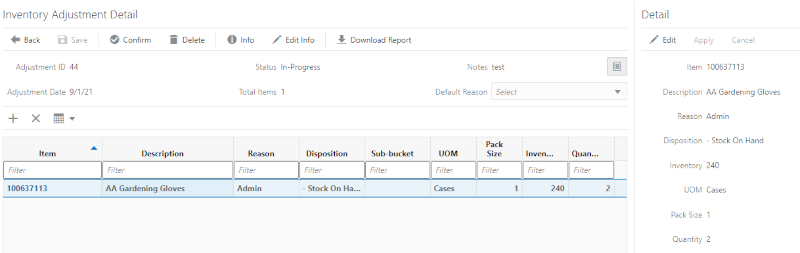 Inventory Adjustment Detail Screen