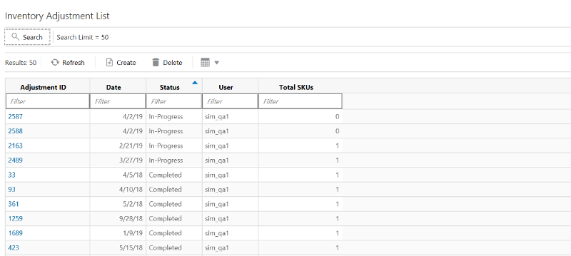 Inventory Adjustment List Screen