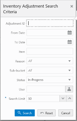 Inventory Adjustment Search Criteria