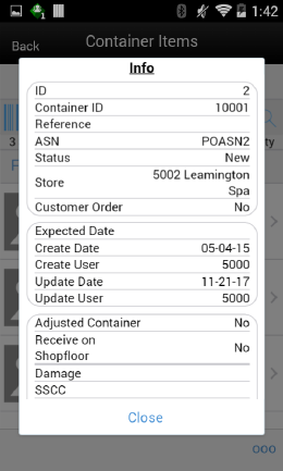 Container Lookup Info Screen (Transfer Receiving) Container Lookup Info Screen (Transfer Receiving)