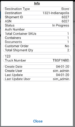 Info (Shipment) Popup