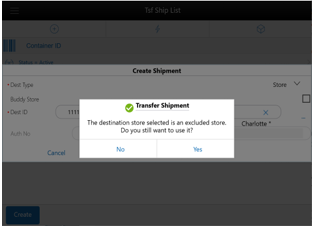 Shows choices for create shipment