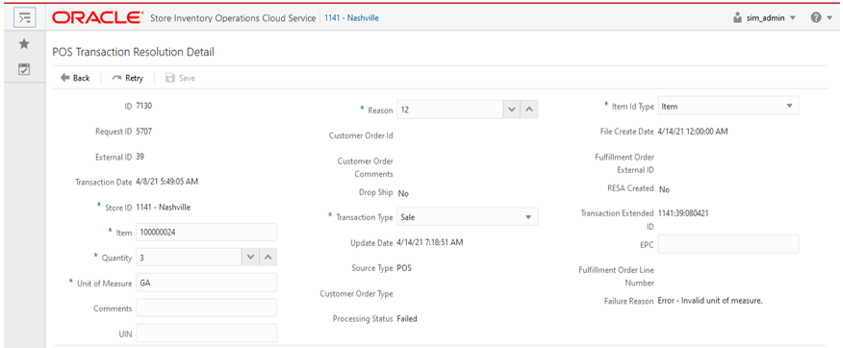 POS Transaction Resolution Detail screen