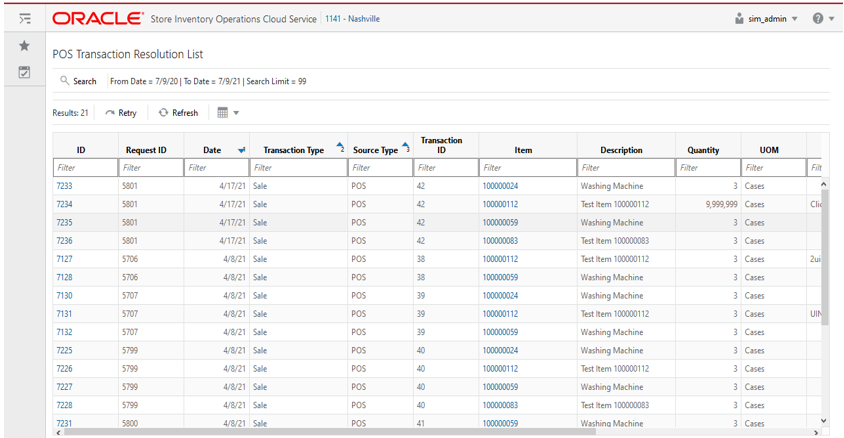 POS Transaction Resolution List screen