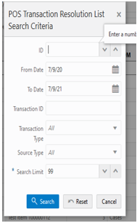 POS Transaction Resolution List Search Criteria screen
