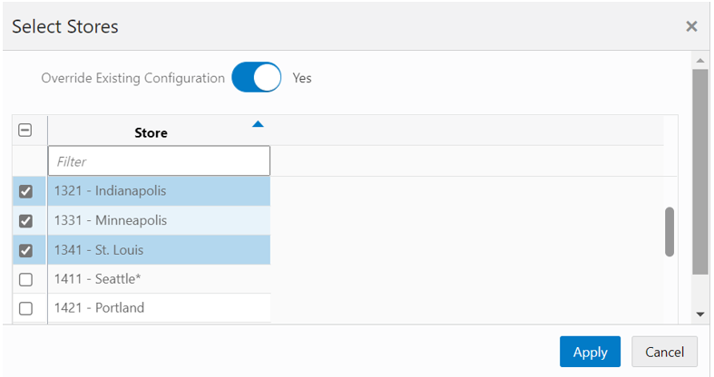 Select Stores screen