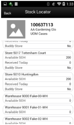 Stock Locator screen
