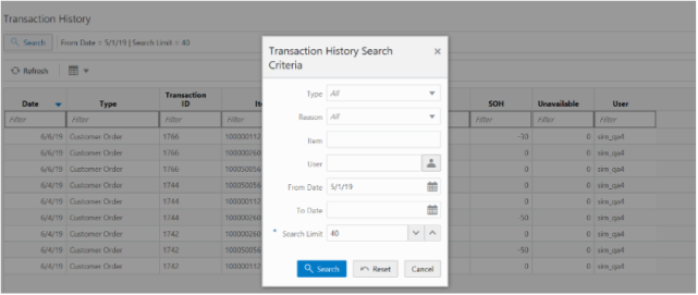 Transaction History Search Criteria screen
