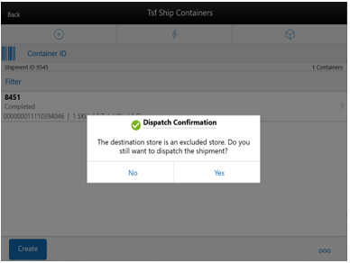 Shows choices for transfer shipment